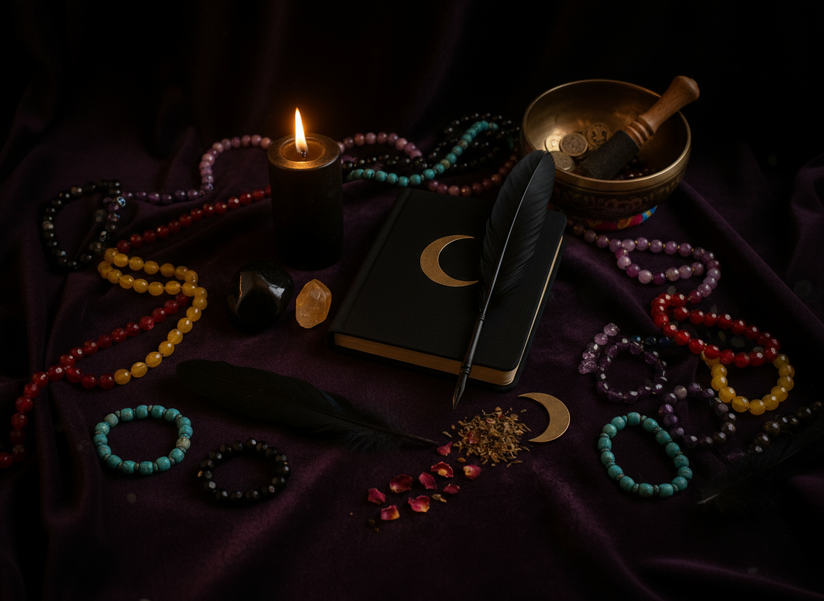 Magical mystical banner with candles, crystals, and gemstone beads